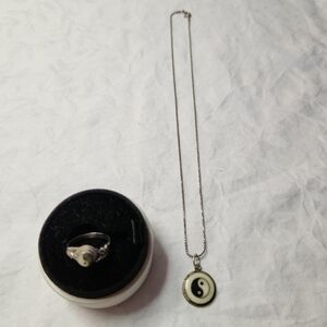 Antique Yin & Yang Silver Gold Pendant Ring Set